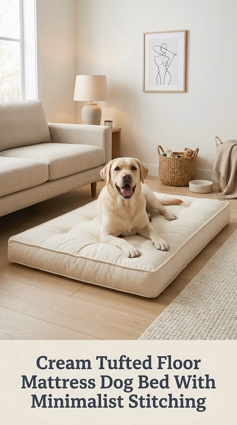 Cream Tufted Floor Mattress Dog Bed With Minimalist Stitching