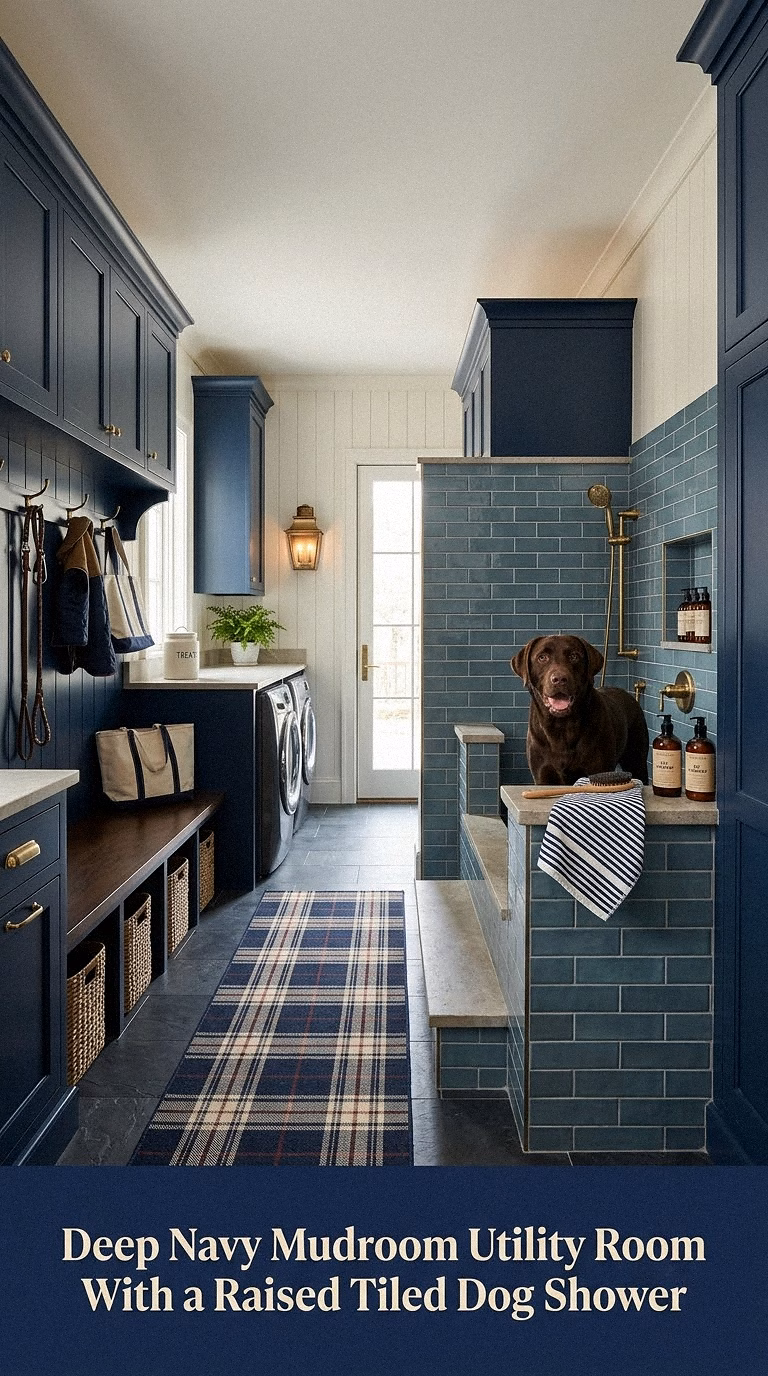 3. Deep Navy Mudroom Utility Room With a Raised Tiled Dog Shower
