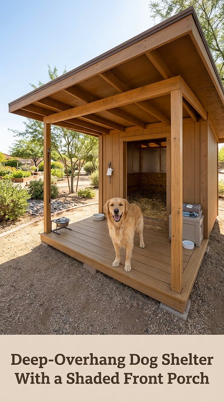 Deep-Overhang Dog Shelter With a Shaded Front Porch