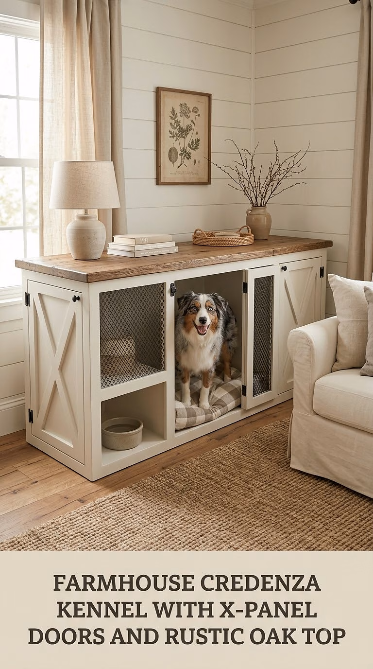 Farmhouse Credenza Dog Kennel With X-Panel Doors and Rustic Oak Top
