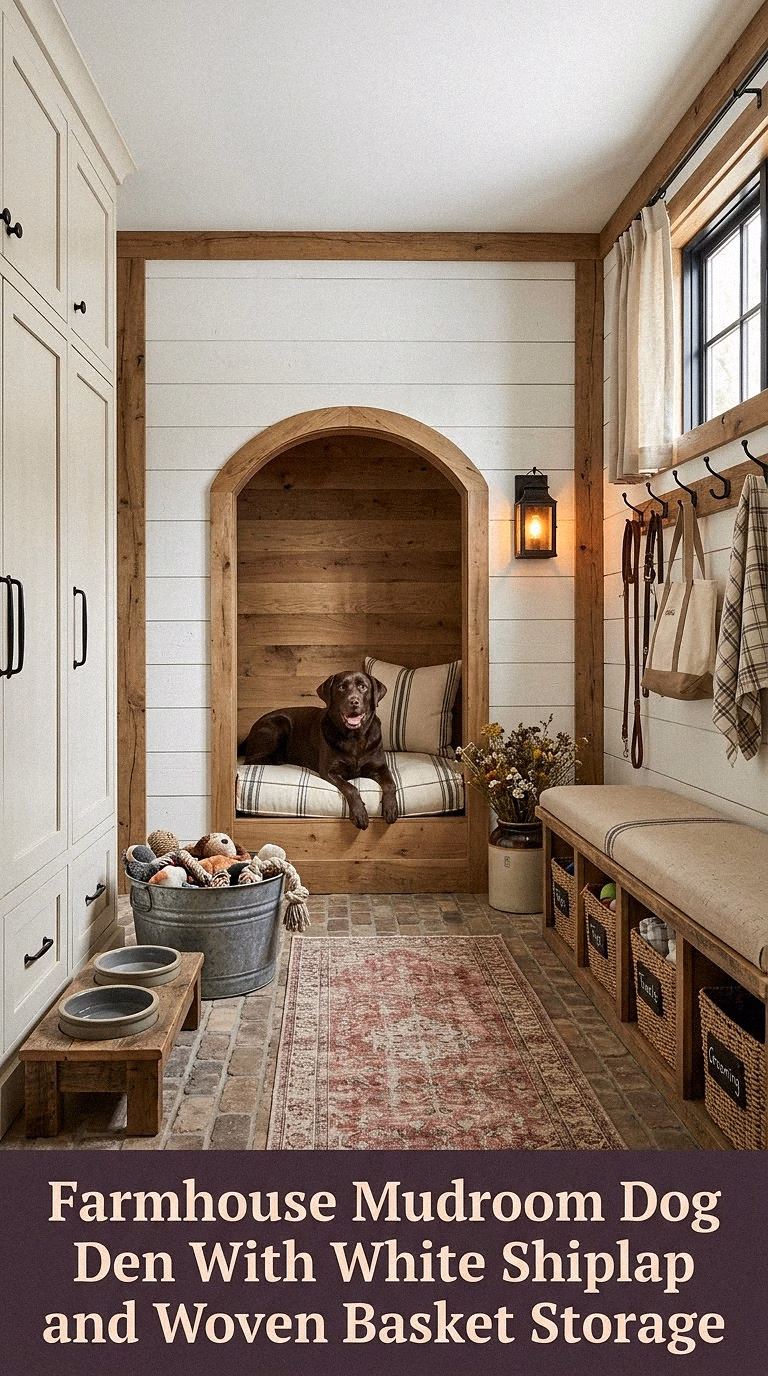 3. Farmhouse Mudroom Dog Den With White Shiplap and Woven Basket Storage