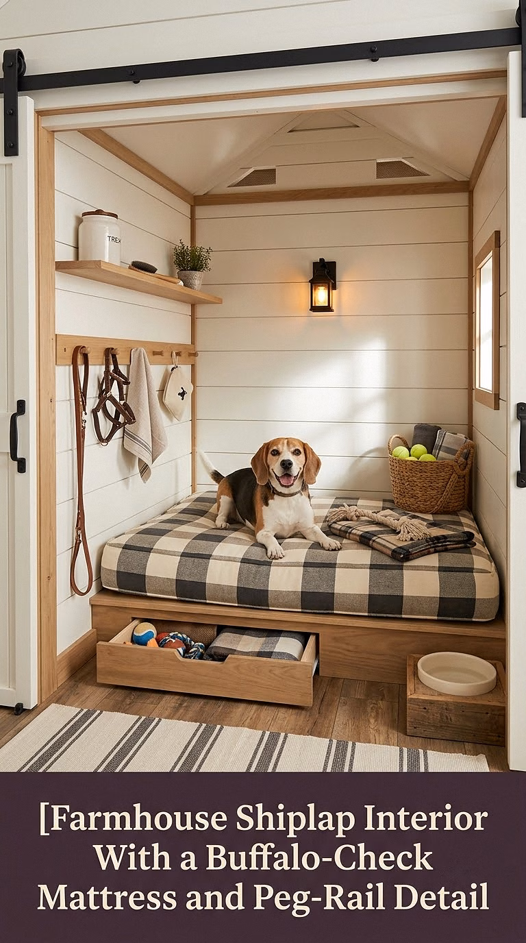 3. Farmhouse Shiplap Interior With a Buffalo-Check Mattress and Peg-Rail Detail