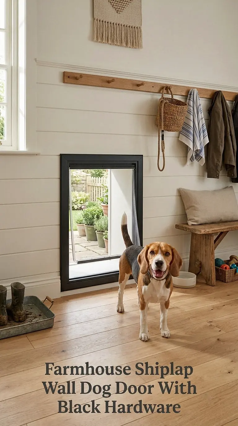 Farmhouse Shiplap Wall Dog Door With Black Hardware