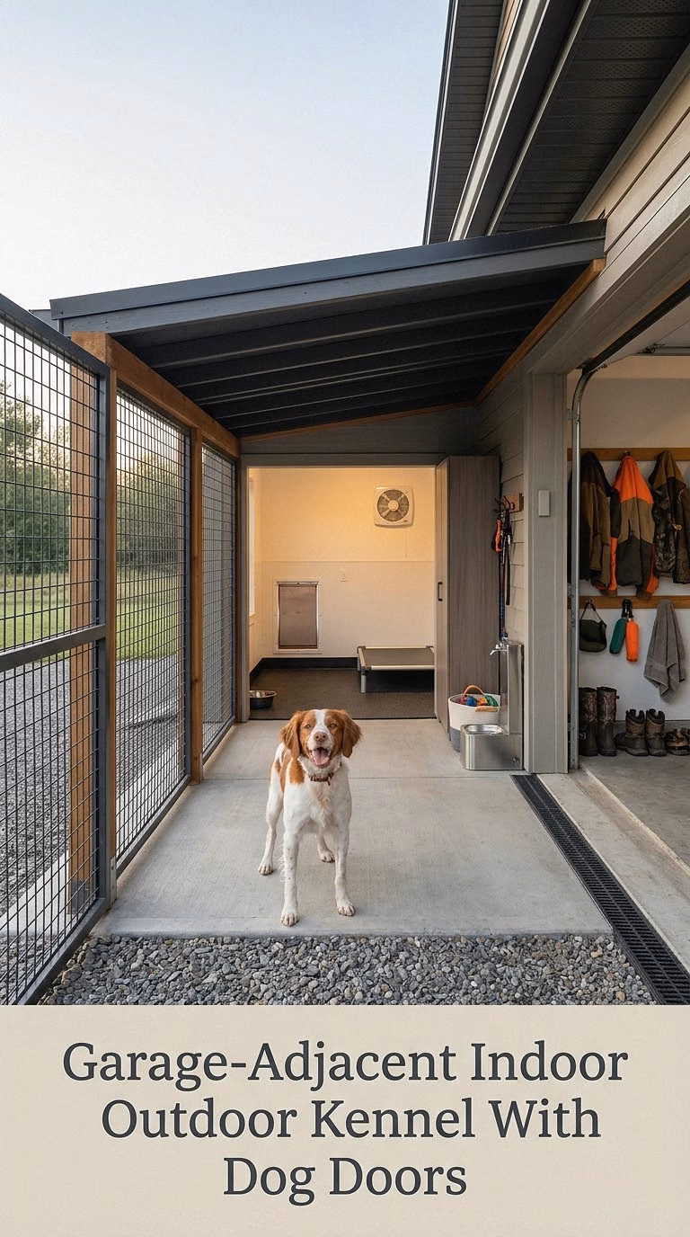 Garage-Adjacent Indoor Outdoor Kennel With Dog Doors