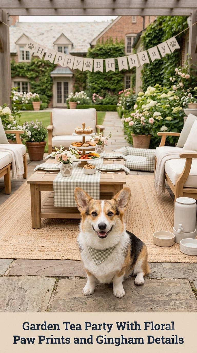 Garden Tea Party With Floral Paw Prints and Gingham Details