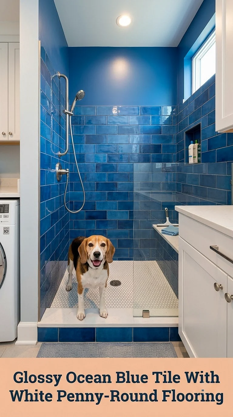 Glossy Ocean Blue Tile With White Penny-Round Flooring