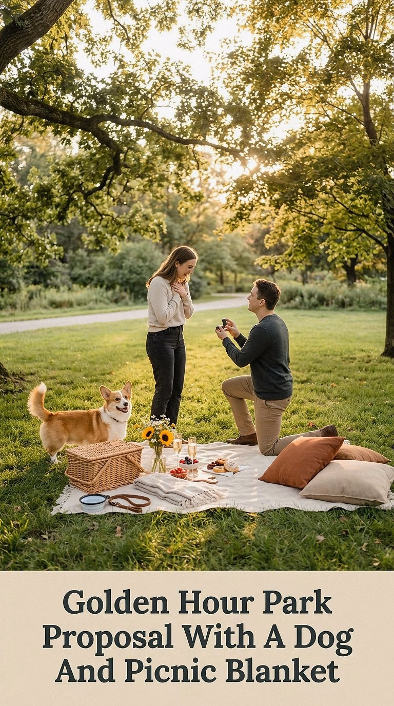 Golden Hour Park Proposal With A Dog And Picnic Blanket