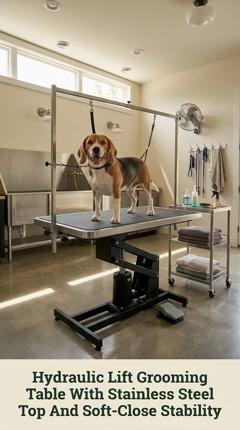 Hydraulic Lift Grooming Table With Stainless Steel Top And Soft-Close Stability