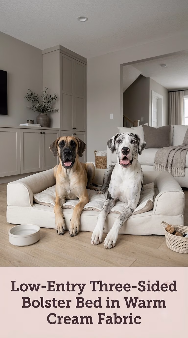 Low-Entry Three-Sided Bolster Bed in Warm Cream Fabric
