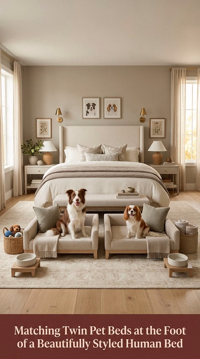 3. Matching Twin Pet Beds at the Foot of a Beautifully Styled Human Bed