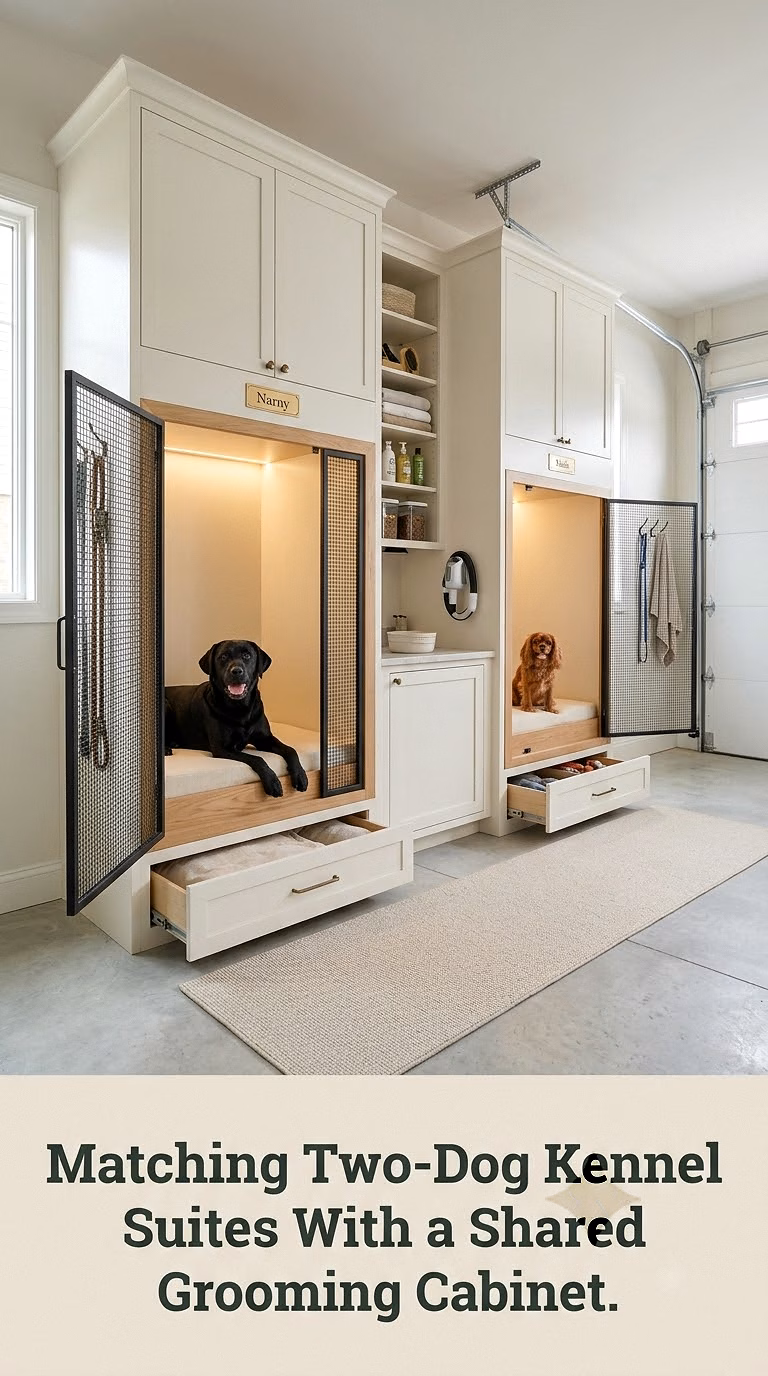 Matching Two-Dog Kennel Suites With a Shared Grooming Cabinet