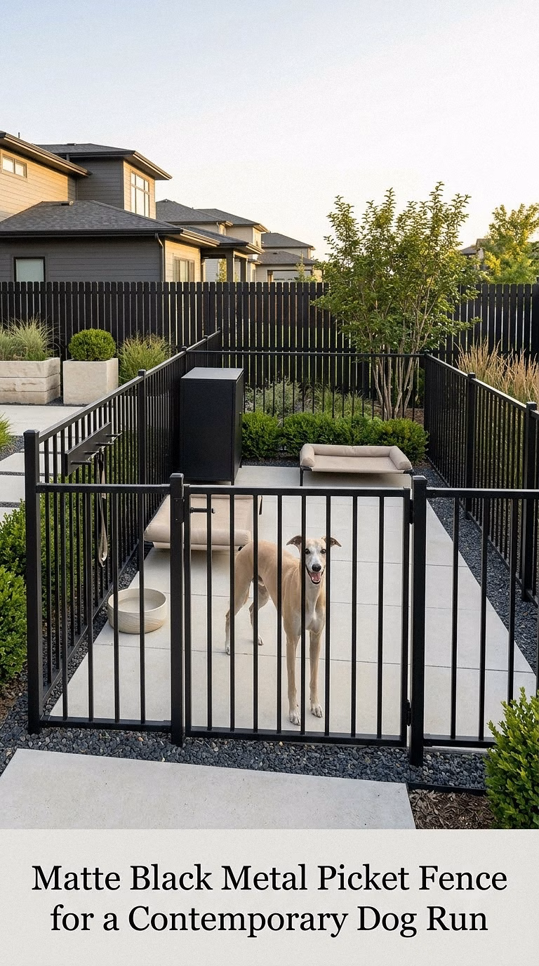 Matte Black Metal Picket Fence for a Contemporary Dog Run