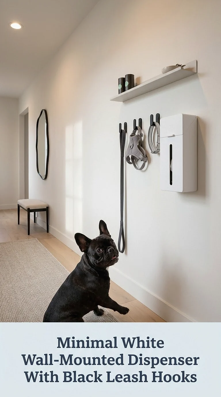 Minimal White Wall-Mounted Dispenser With Black Leash Hooks