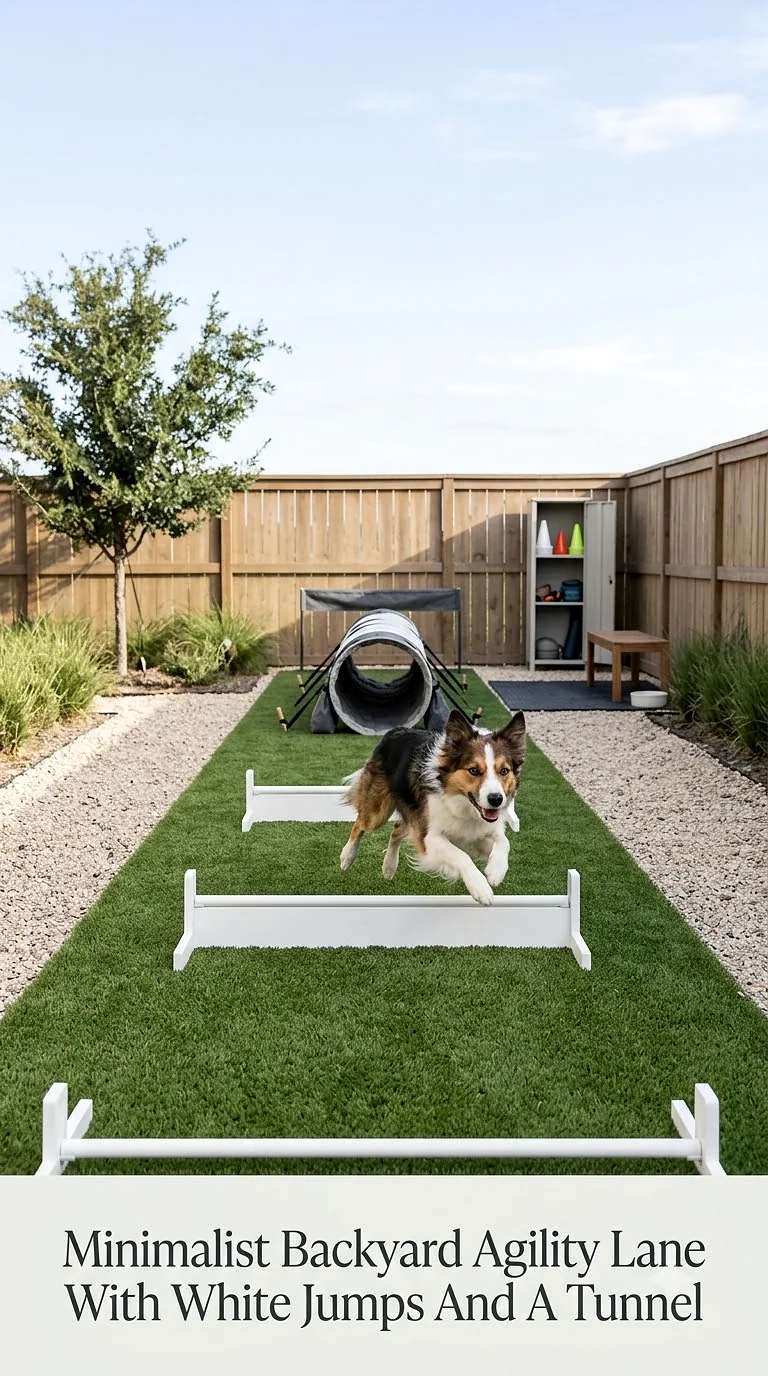 Minimalist Backyard Agility Lane With White Jumps And A Tunnel