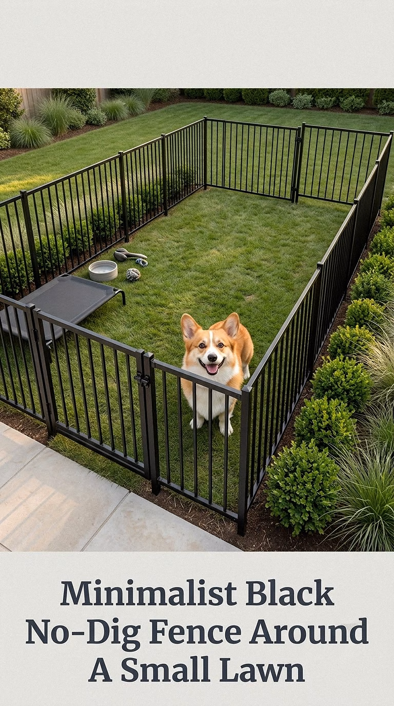 Minimalist Black No-Dig Fence Around A Small Lawn