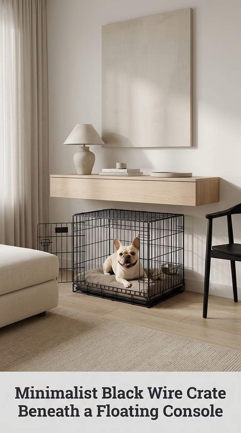 Minimalist Black Wire Crate Beneath a Floating Console