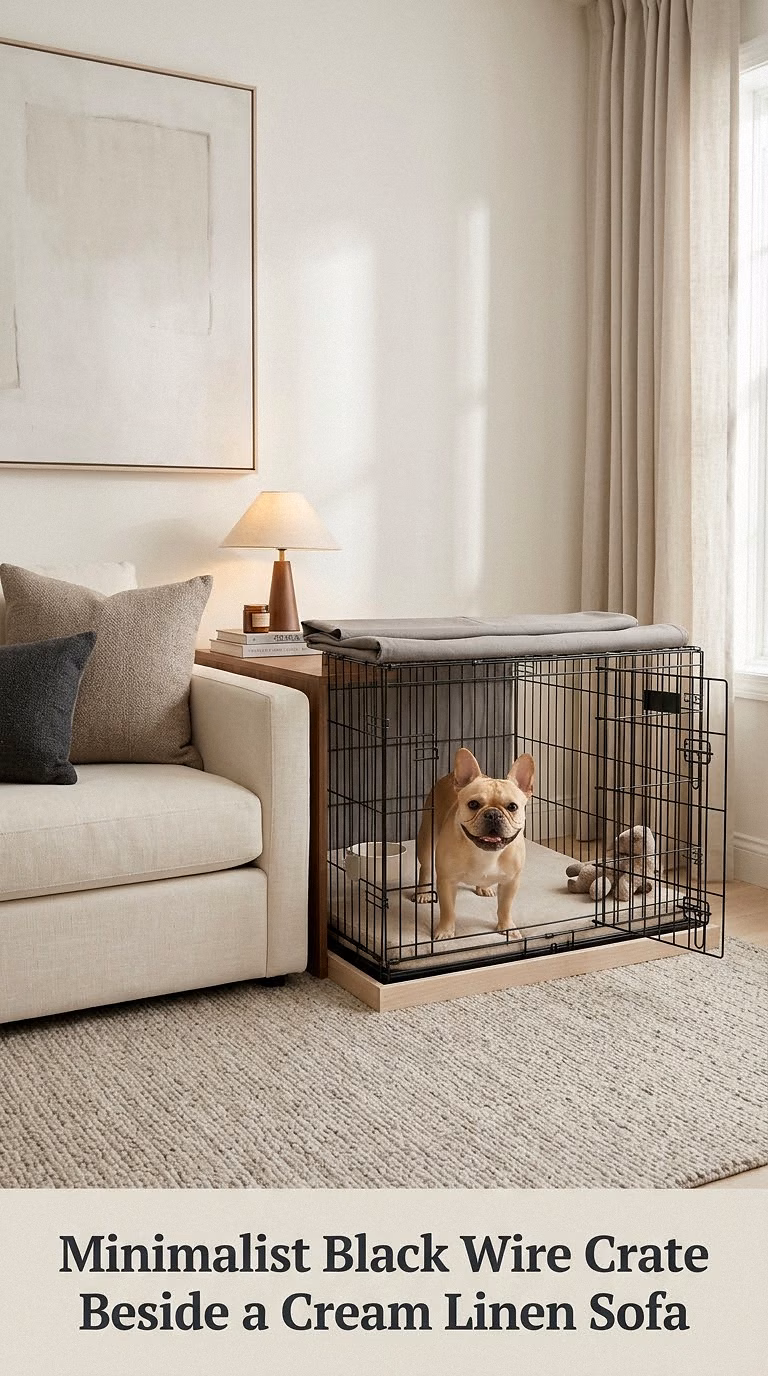 Minimalist Black Wire Crate Beside a Cream Linen Sofa
