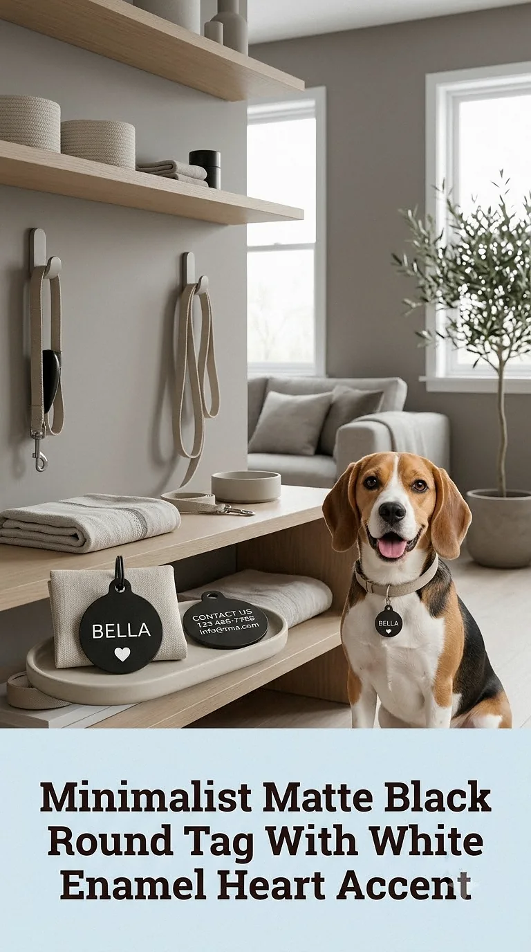 Minimalist Matte Black Round Tag With White Enamel Heart Accent
