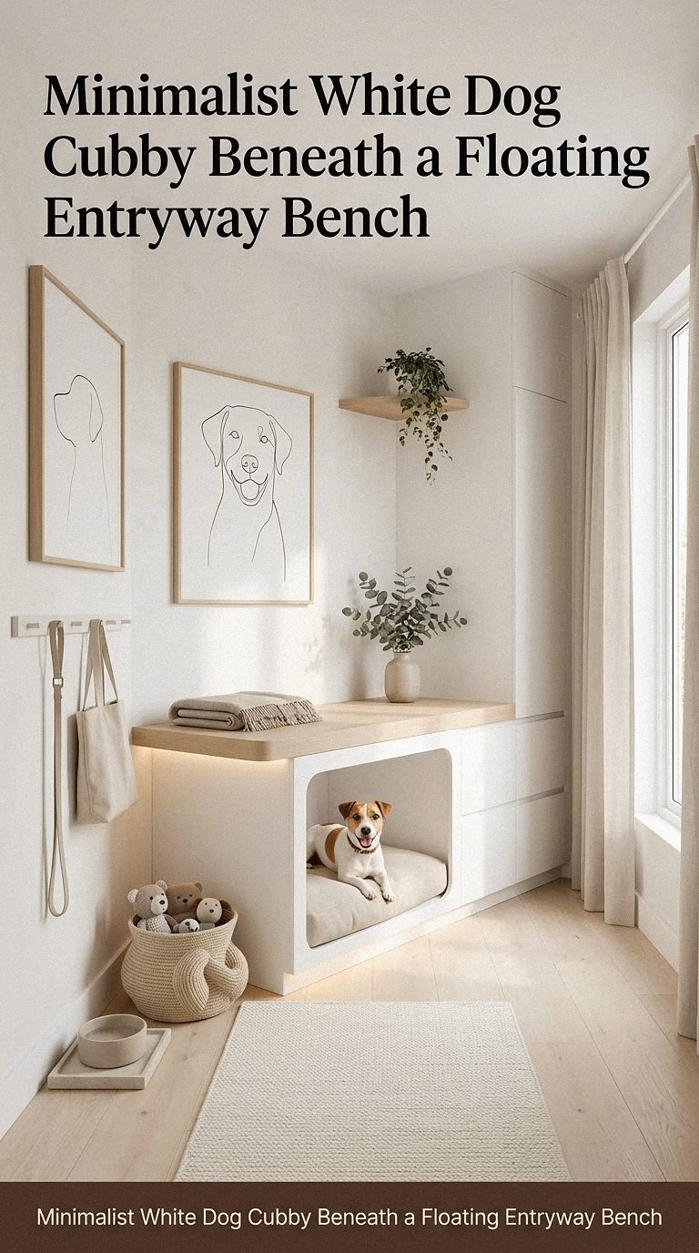 3. Minimalist White Dog Cubby Beneath a Floating Entryway Bench