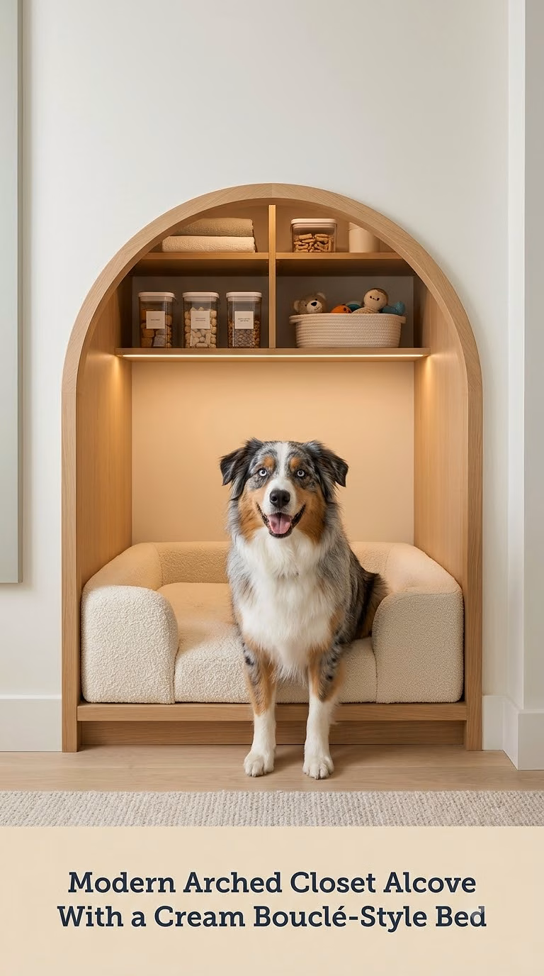 Modern Arched Closet Alcove With a Cream Bouclé-Style Bed