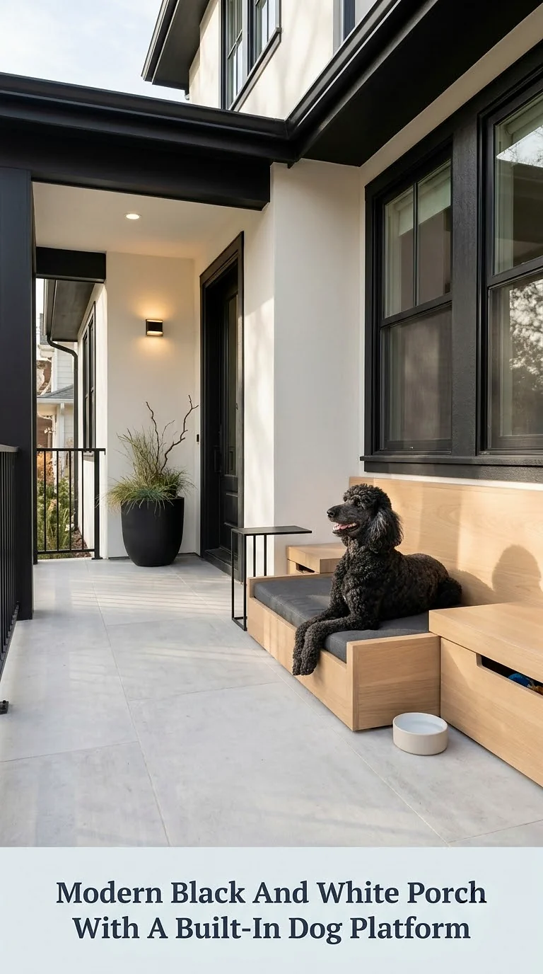 Modern Black And White Porch With A Built-In Dog Platform