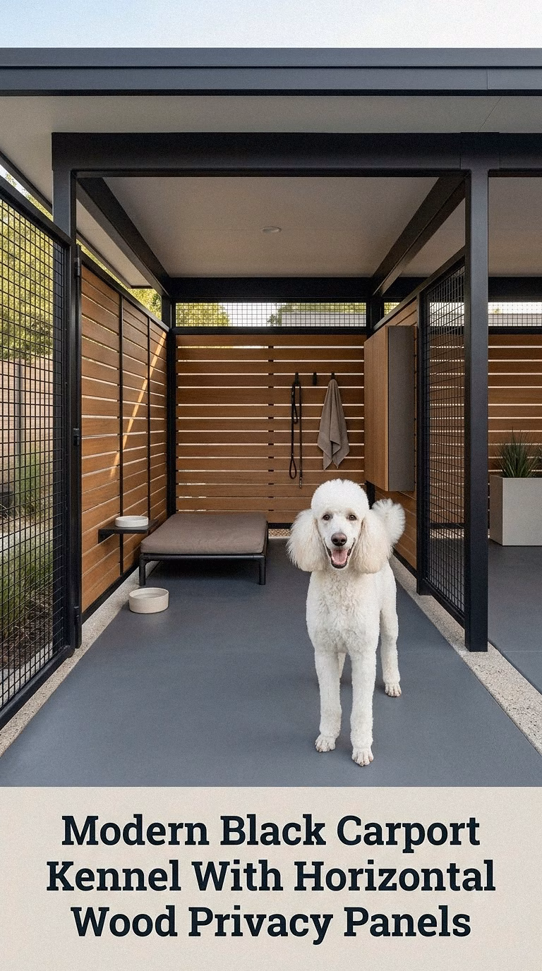 Modern Black Carport Kennel With Horizontal Wood Privacy Panels