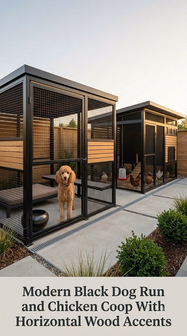 Modern Black Dog Run and Chicken Coop With Horizontal Wood Accents