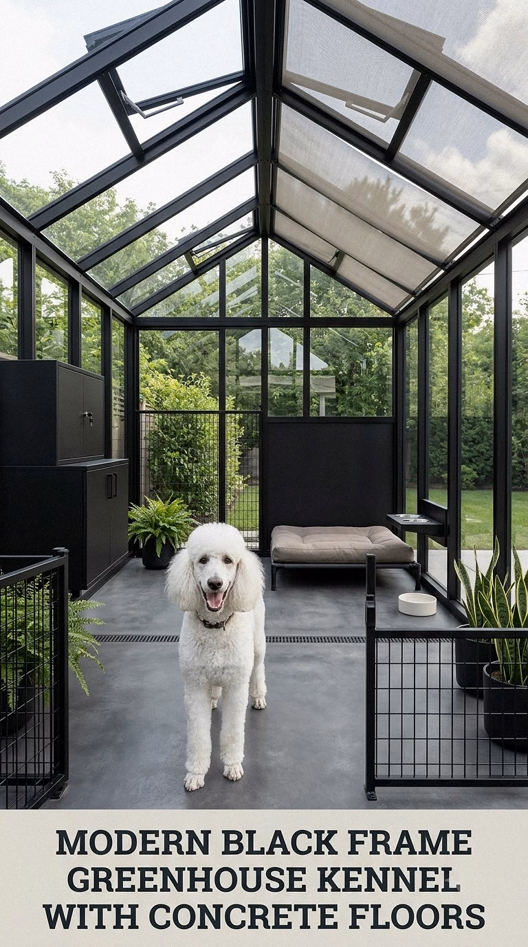 Modern Black Frame Greenhouse Kennel With Concrete Floors