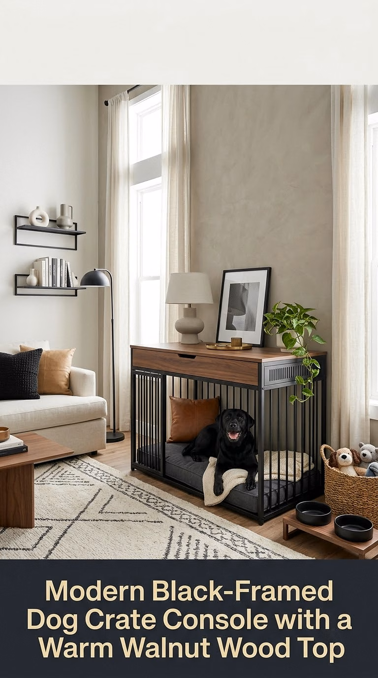 3. Modern Black-Framed Dog Crate Console with a Warm Walnut Wood Top