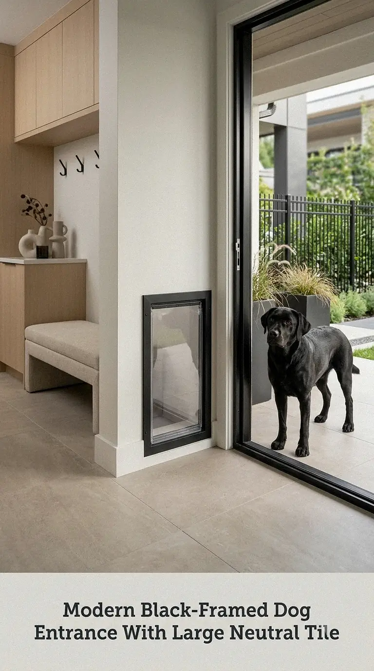 Modern Black-Framed Dog Entrance With Large Neutral Tile
