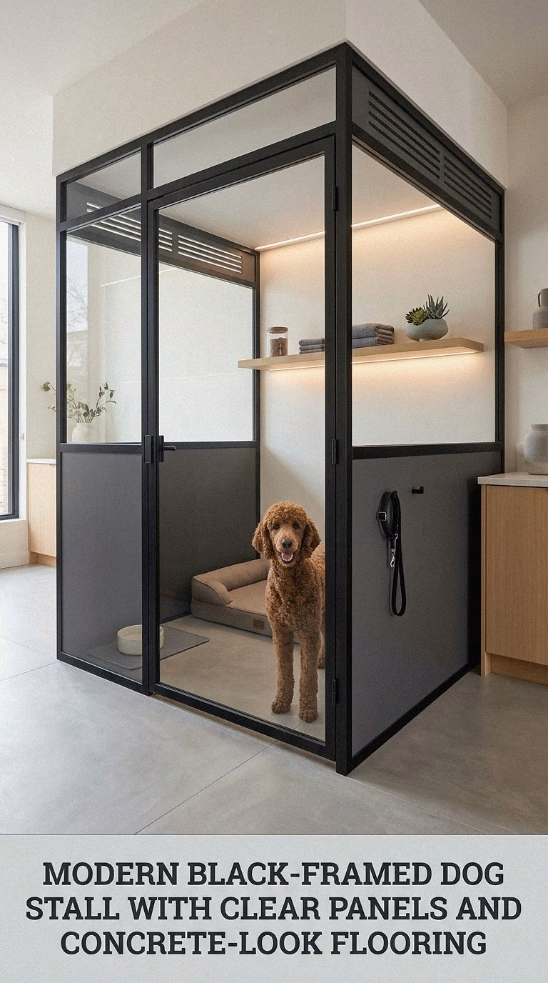 Modern Black-Framed Dog Stall With Clear Panels and Concrete-Look Flooring