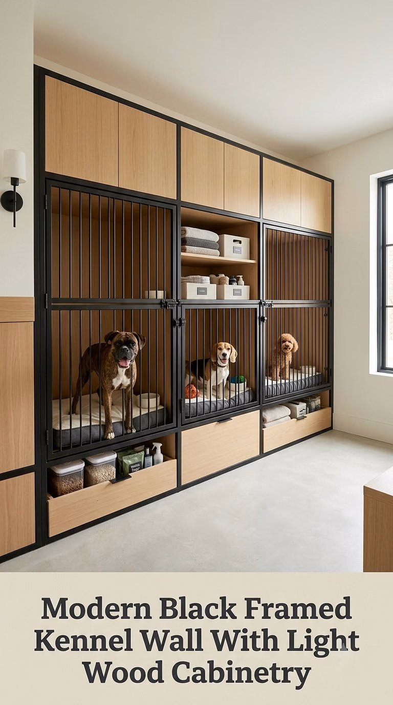 Modern Black Framed Kennel Wall With Light Wood Cabinetry