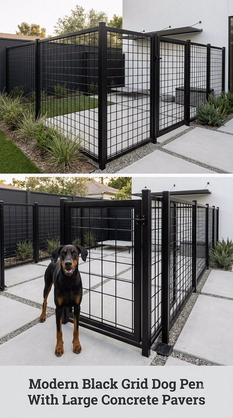 Modern Black Grid Dog Pen With Large Concrete Pavers