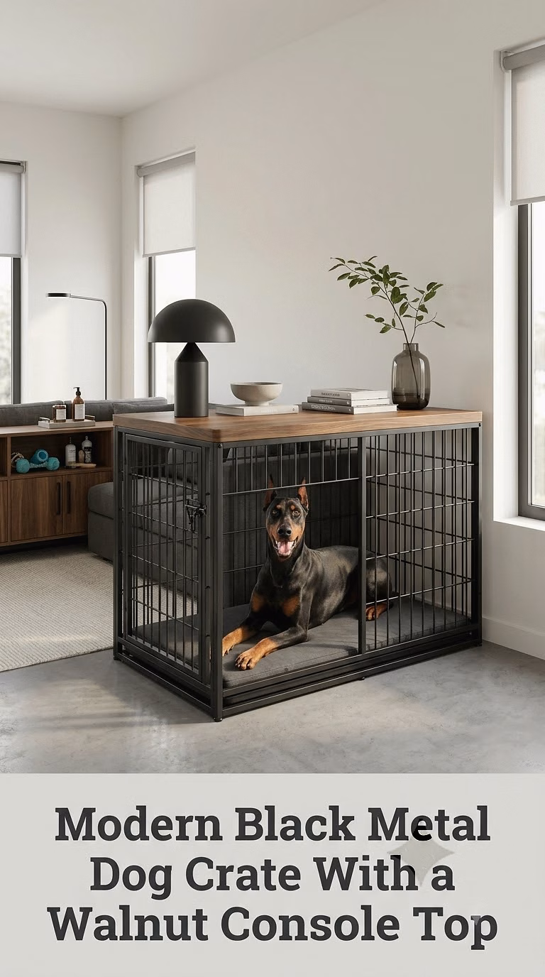 Modern Black Metal Dog Crate With a Walnut Console Top