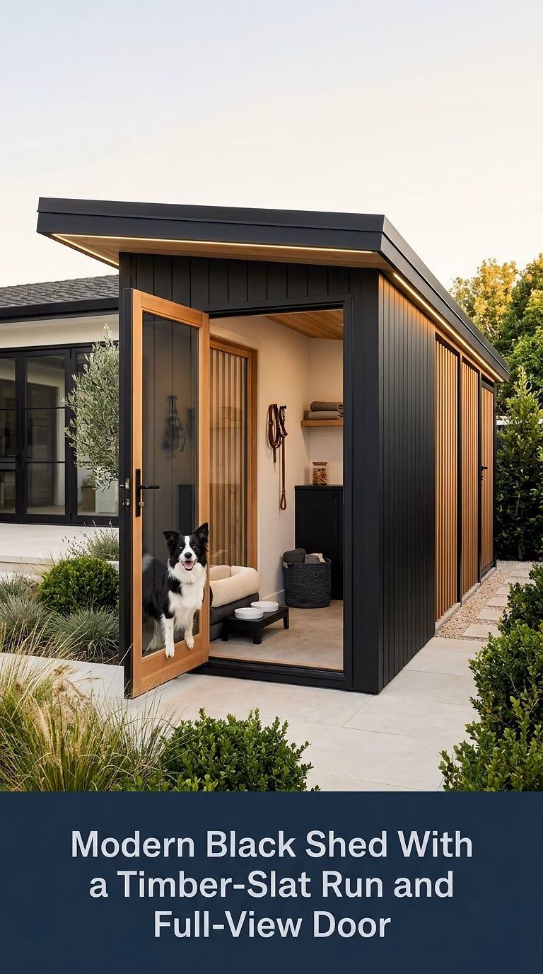 3. Modern Black Shed With a Timber-Slat Run and Full-View Door
