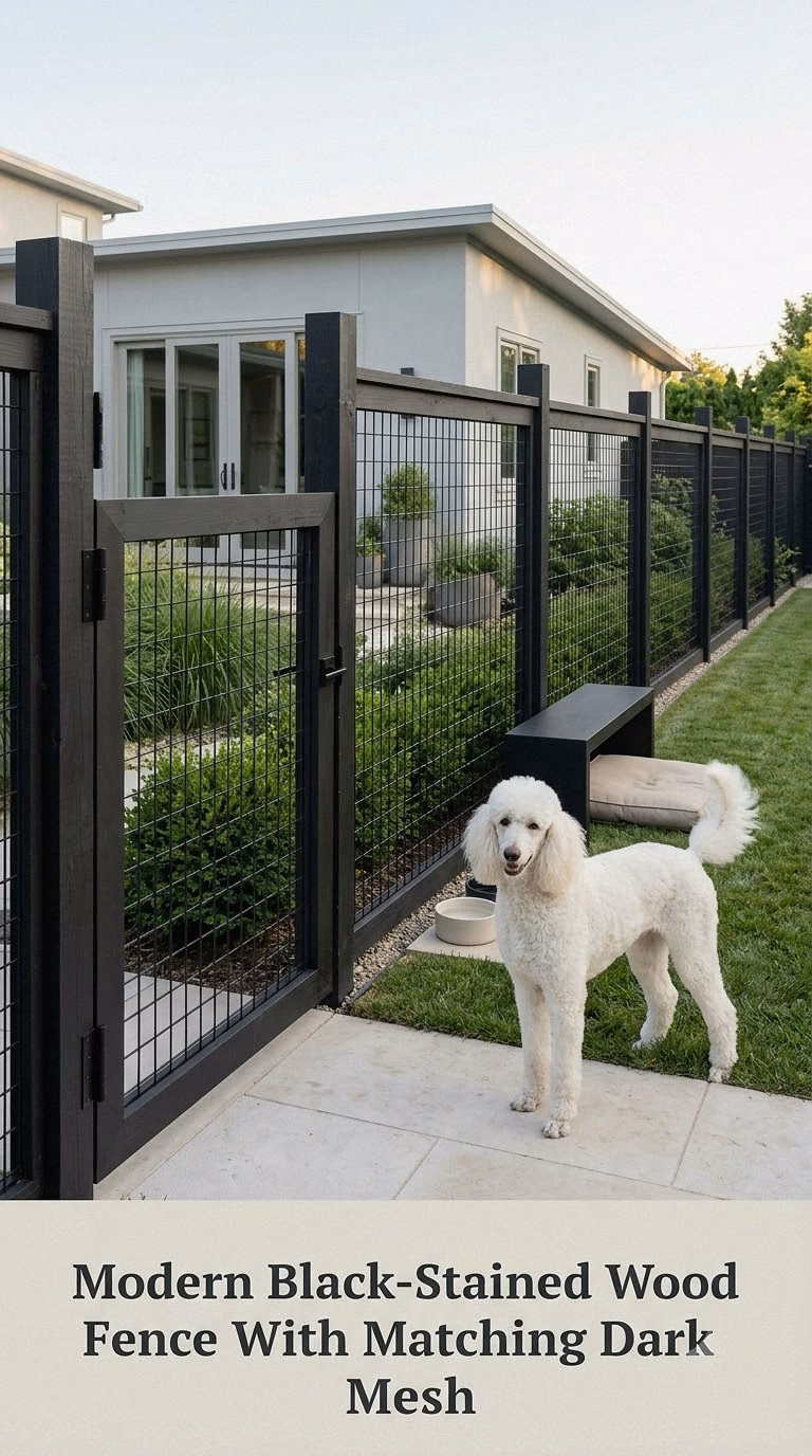 Modern Black-Stained Wood Fence With Matching Dark Mesh