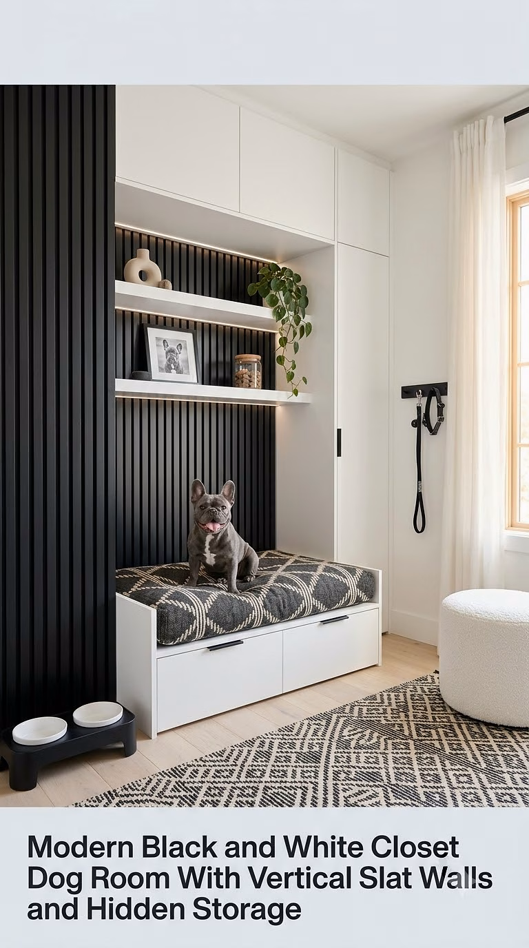 3. Modern Black and White Closet Dog Room With Vertical Slat Walls and Hidden Storage