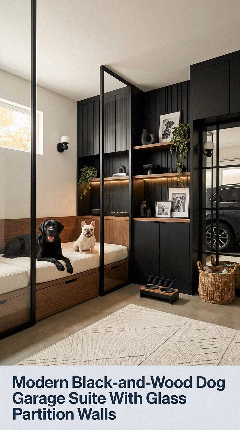 3. Modern Black-and-Wood Dog Garage Suite With Glass Partition Walls