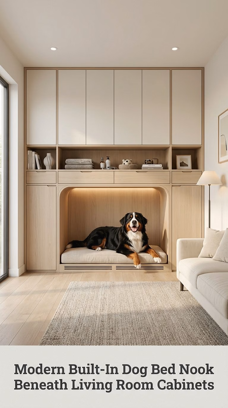 Modern Built-In Dog Bed Nook Beneath Living Room Cabinets