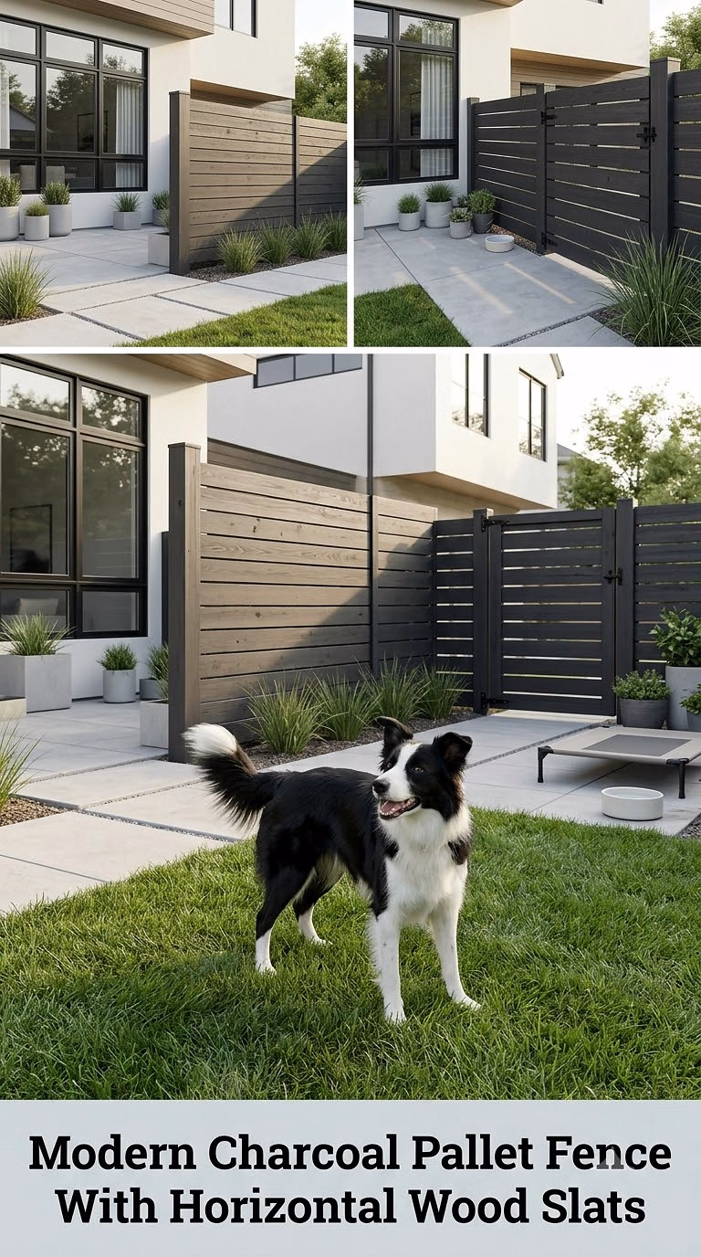 Modern Charcoal Pallet Fence With Horizontal Wood Slats