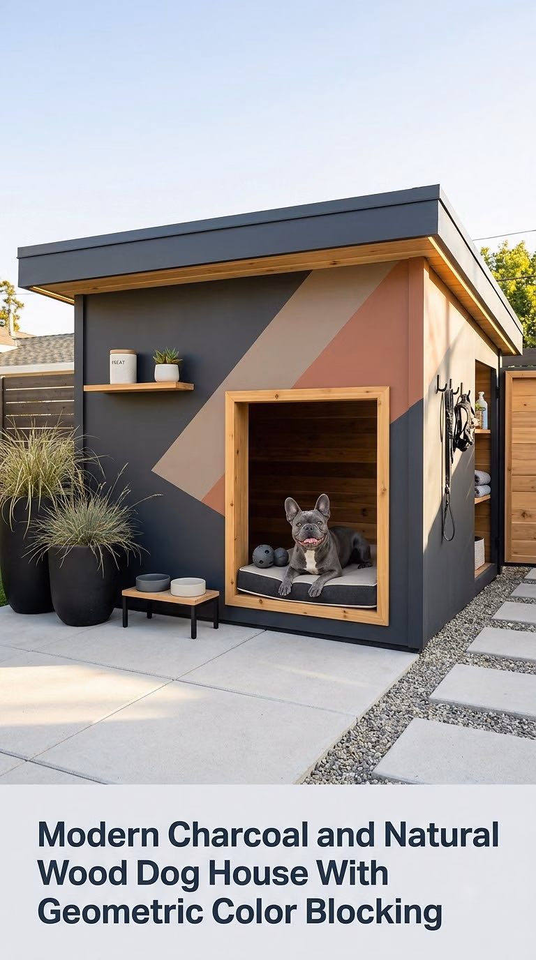 3. Modern Charcoal and Natural Wood Dog House With Geometric Color Blocking