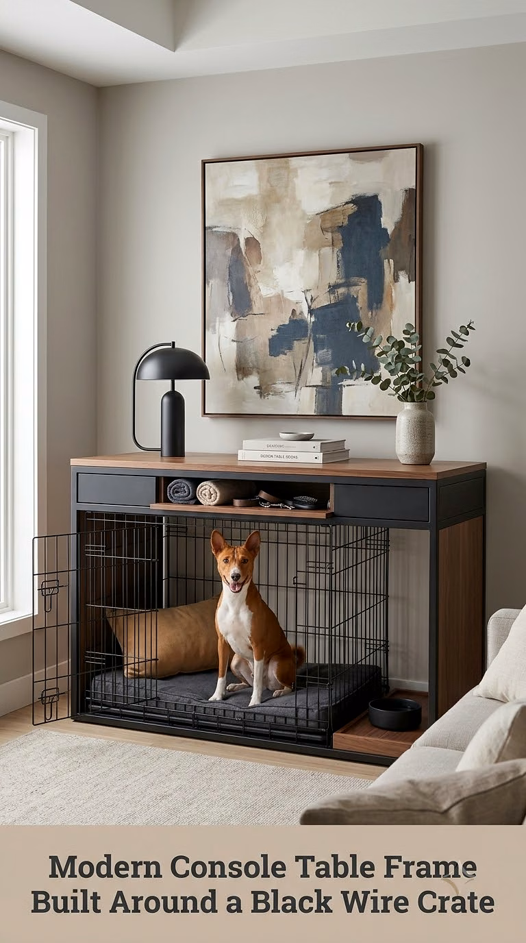 Modern Console Table Frame Built Around a Black Wire Crate