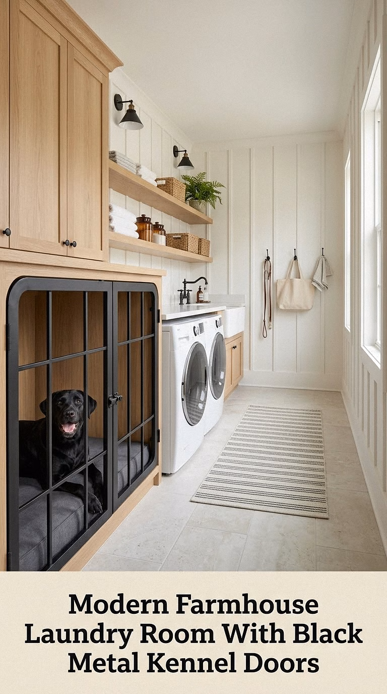 Modern Farmhouse Laundry Room With Black Metal Kennel Doors