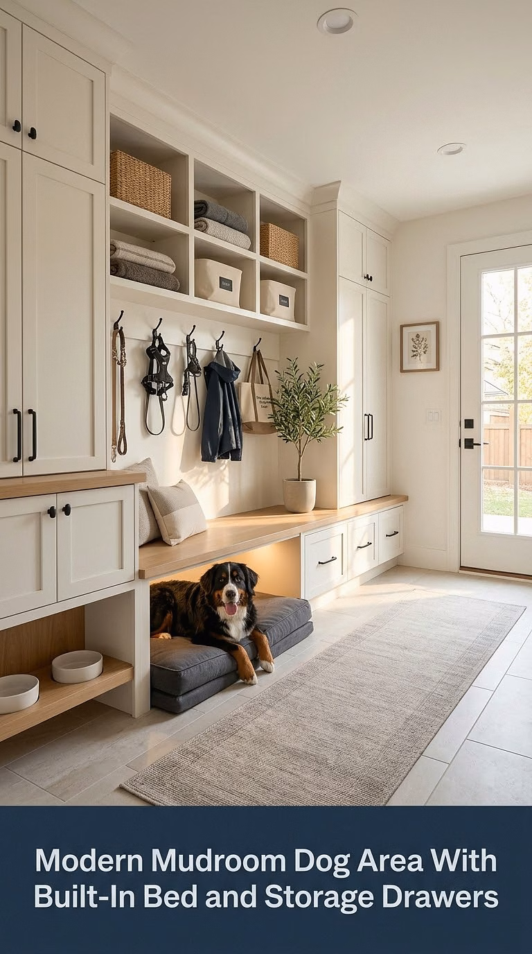 3. Modern Mudroom Dog Area With Built-In Bed and Storage Drawers