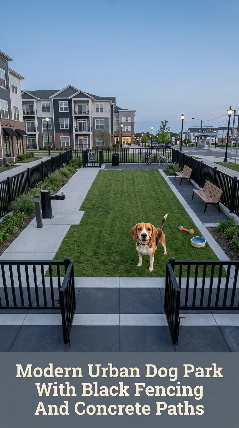 Modern Urban Dog Park With Black Fencing And Concrete Paths
