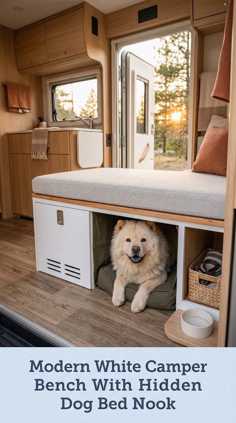 Modern White Camper Bench With Hidden Dog Bed Nook