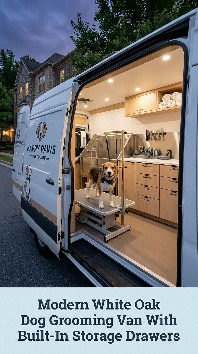 Modern White Oak Dog Grooming Van With Built-In Storage Drawers