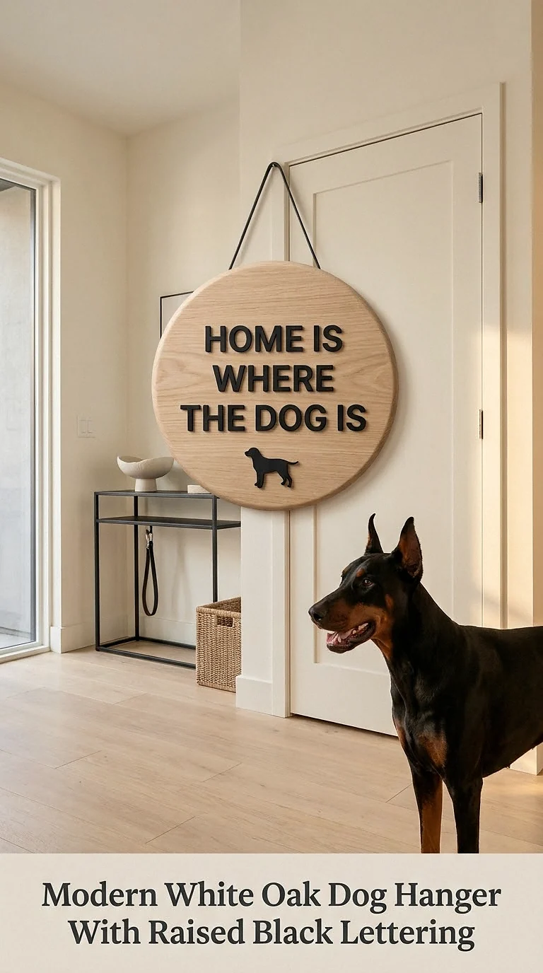 Modern White Oak Dog Hanger With Raised Black Lettering