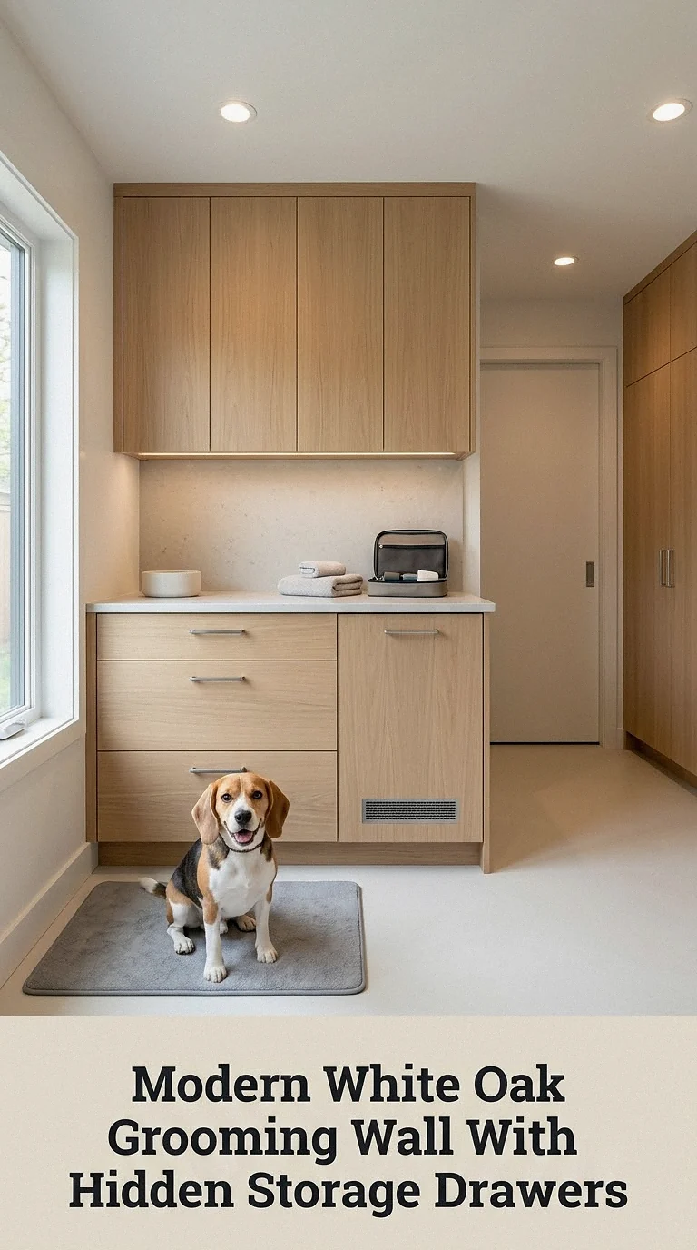 Modern White Oak Grooming Wall With Hidden Storage Drawers