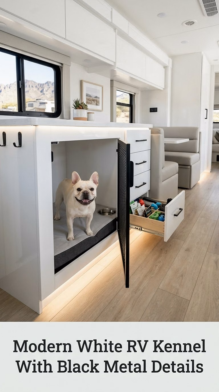 Modern White RV Kennel With Black Metal Details